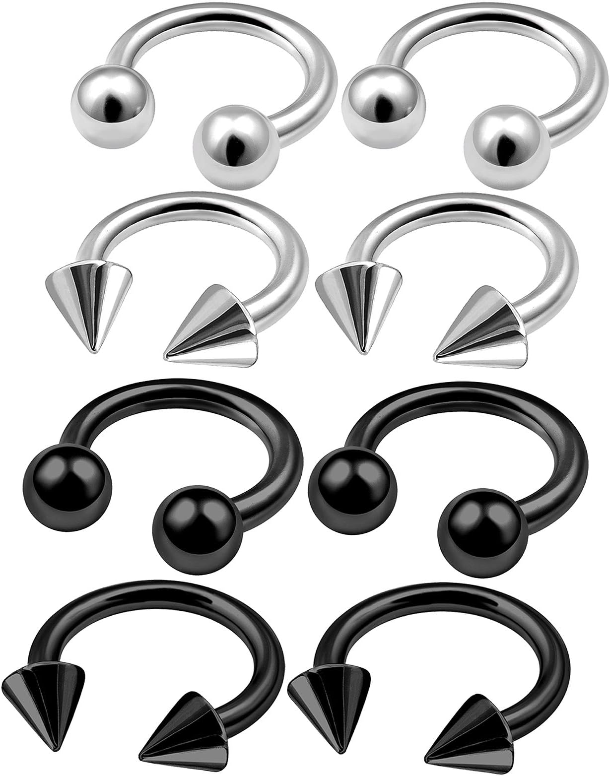 8Pcs Surgical Steel Black Anodized 14g 5/16 8mm Circular Barbell Piercing Jewelry Rook Nose Septum Daith 4mm Ball Cone M3813