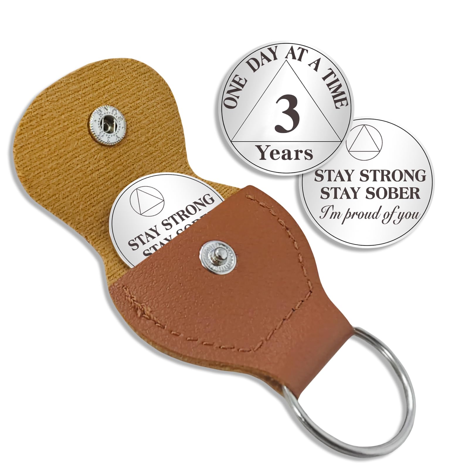 AtSKnSK 3 Year Sobriety Coin One Day at a Time AA Chips and Medallions with PU Leather Keychain Sobriety Gifts for Celebrating Alcoholics Anonymous Recovery Sobriety Gifts for Men Women