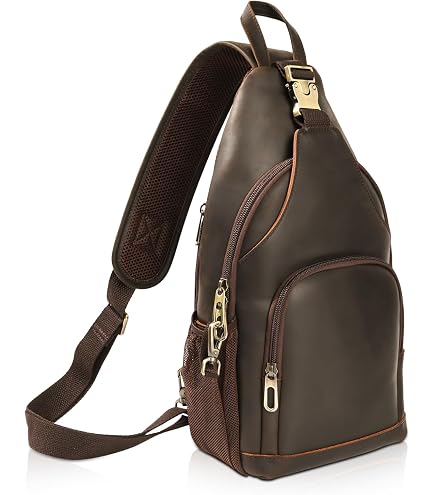 LUKZIJAES Genuine Leather Sling Bag for Men Vintage Crossbody Bag Men Chest Pack Mens Cross Shoulder Bags Hiking Daypacks Travel Backpack (#2-Coffee)