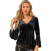 Allegra K Women's V Neck Velvet Blouse Halloween Party Flare Long Sleeve Peplum Top