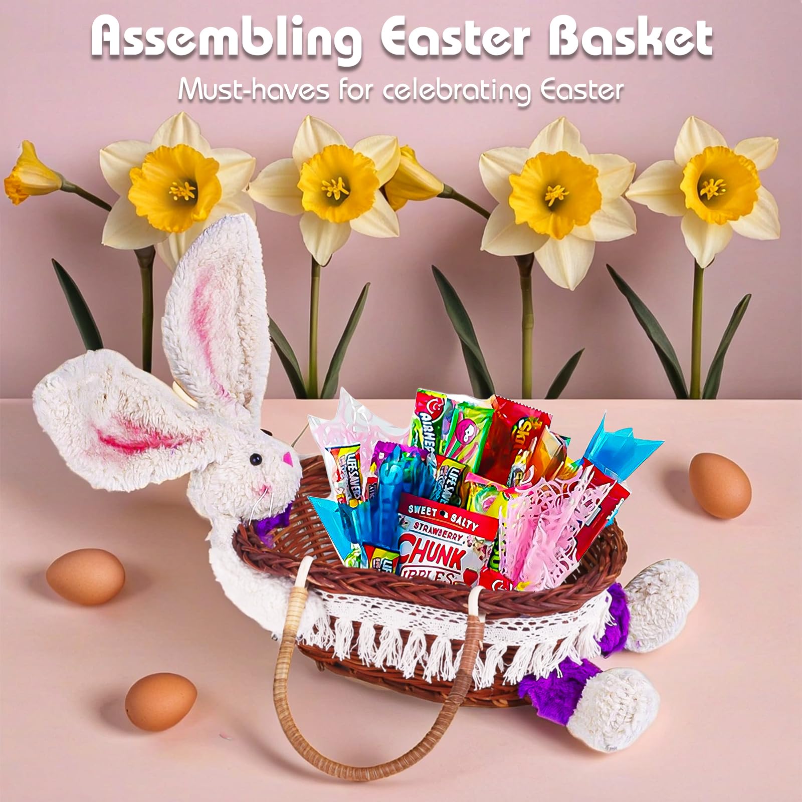 Exun Wicker Easter Basket with Stuffed Bunny Plush and Handle for Kids Girls Boys Toddlers - Brown Hand Woven Willow Basket for Egg Hunt Rabbit Eggs Gift Bags Portable Party Candy Storage Decoration