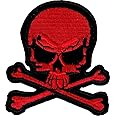 Red & Black Skull & Crossbones - 2 3/4" x 3" - Embroidered Iron On or Sew On Patch
