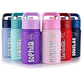 Lily's Atelier Personalized Water Bottle for Kids - Stainless Steel, 12 oz, Name & Icon, Leakproof Lid, Great Gift for Girls - Pink