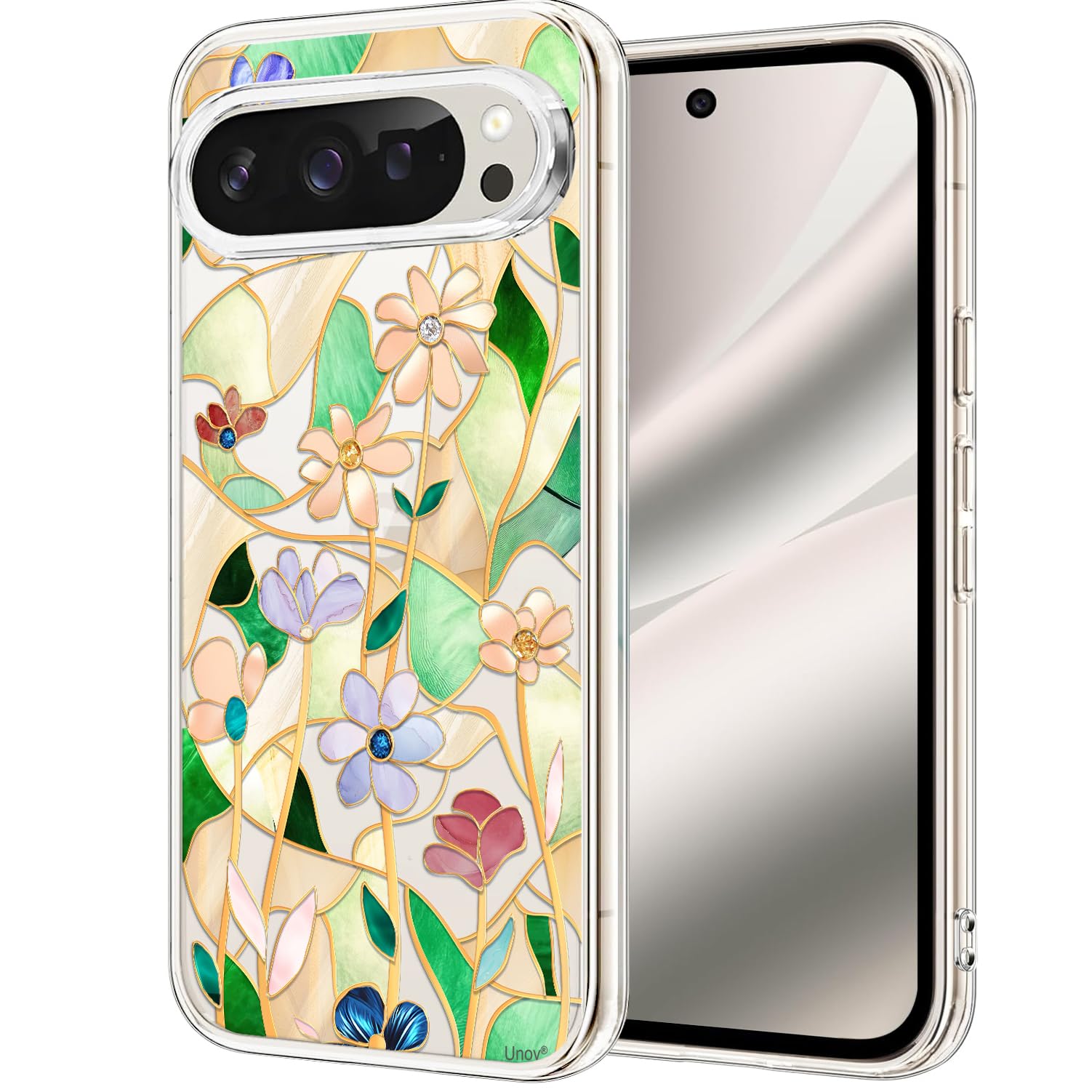 Unov Case for Pixel 10 Pro XL Case Clear with Design Soft TPU Shock Absorption Slim Embossed Pattern Protective Back Cover (Stained Glass Flower)