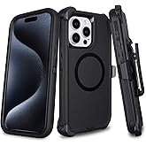 for iPhone 15 Pro Max Case with Belt Clip Holster, Compatible with MagSafe, 3-Layer Shockproof Anti-Drop Full Body Protective Case, Heavy Duty Rugged Defender Cover for iPhone 15 Pro Max, Black