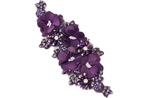 letsinstyle 1 Pc Handmade Rhinestone Applique, 4.13 x 10.6 Inch 3D Flower Lace Patch, Purple Bling Beaded Embroidered Appliqu