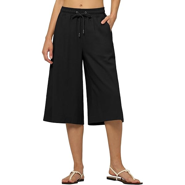 Libin Women's Linen Capri Pants – High Waisted Wide Leg Palazzo Pants For Summer, Casual, Beach & Travel With Pockets