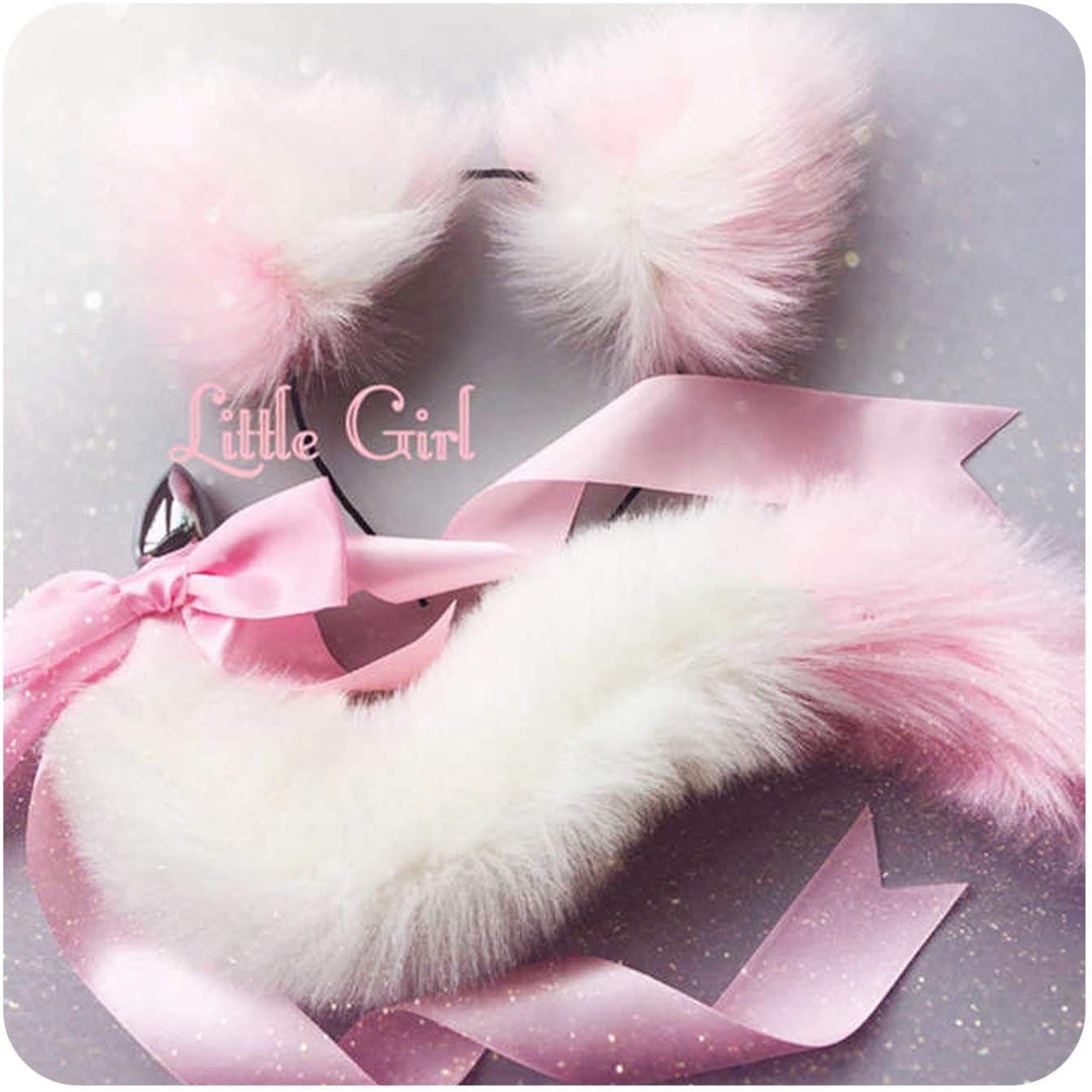 Cute Soft Cat Ears Headbands with Tail Bow Metal Plug Cosplay Accessories Intimate Funny Toys for Couples,White Pink