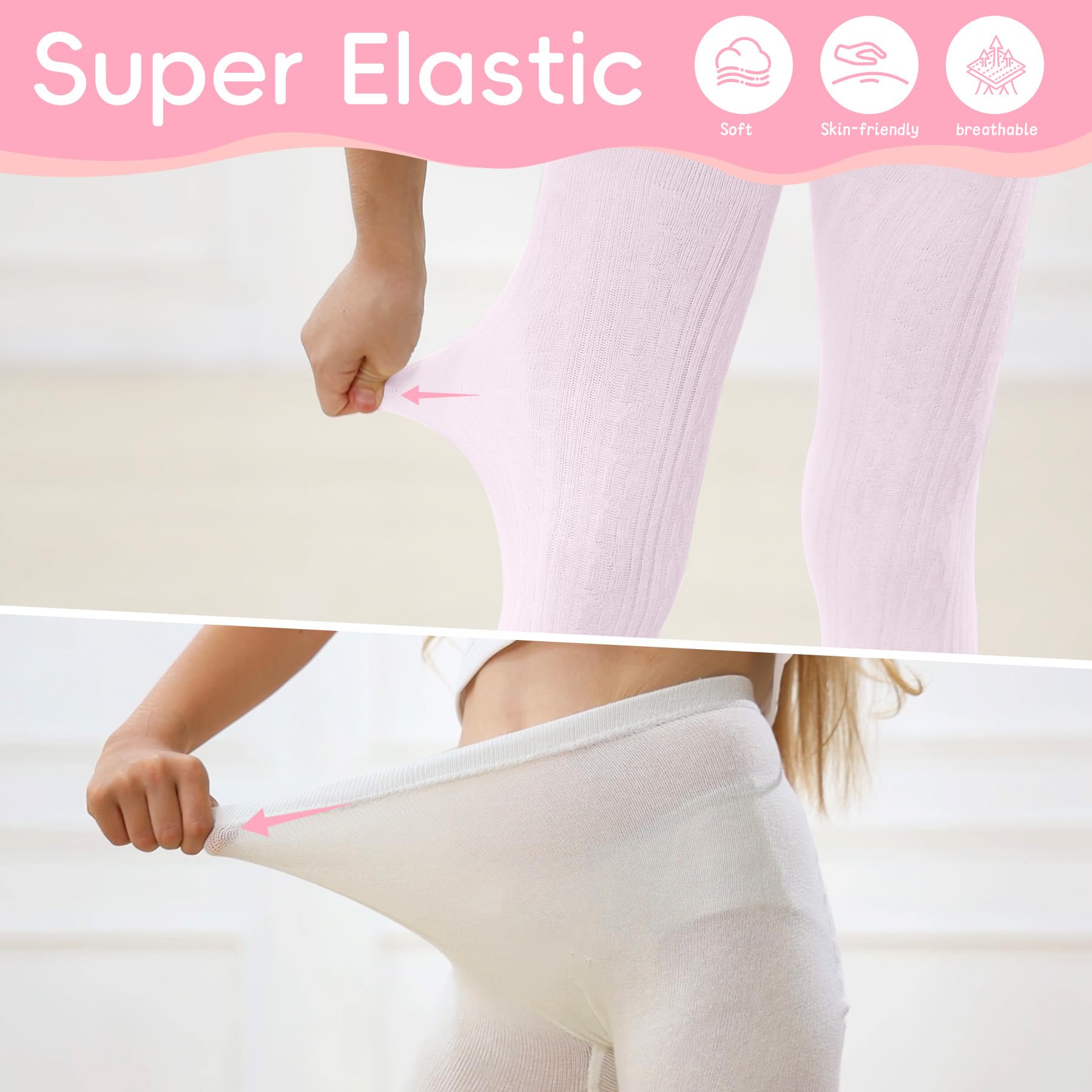 Zando 3Pack Girls Tights Kids Cable Knit Cotton Footed Seamless Tights Winter Warm Leggings Stockings for School Daily 4-12T