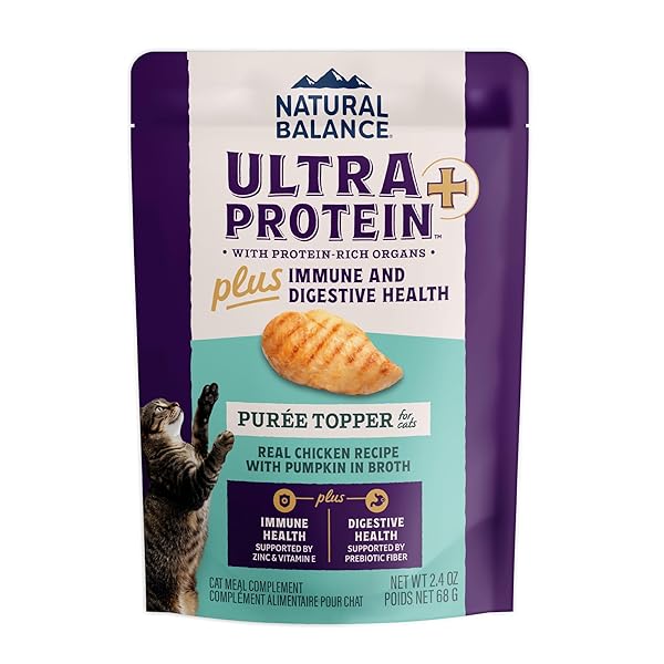 NATURAL BALANCE ULTRA PROTEIN PLUS WET CAT FOOD, IMMUNE & DIGESTIVE HEALTH REAL CHICKEN WITH PUMPKIN PUREE TOPPER WITH CHICKEN LIVER & CHICKEN HEART, HIGH PROTEIN CAT FOOD – 2.4 OZ.