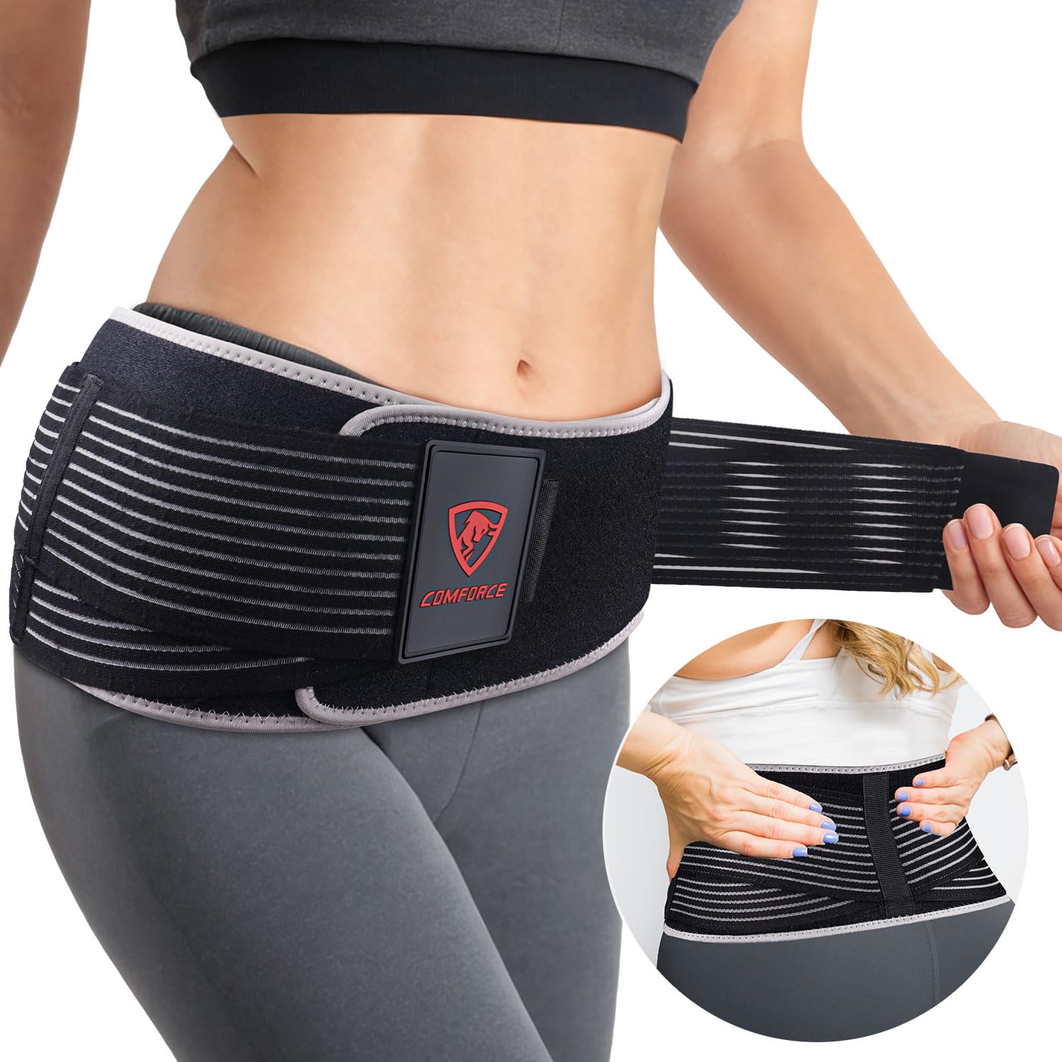 COMFORCE Sacroiliac SI Joint Hip Belt with Ice Pack, Lower Back Support Brace for Men and Women, Anti-slip Sciatica SI Joint Belt Pain Relief for Pelvic, Lumbar, Postpartum Recovery, Black (30-38'')