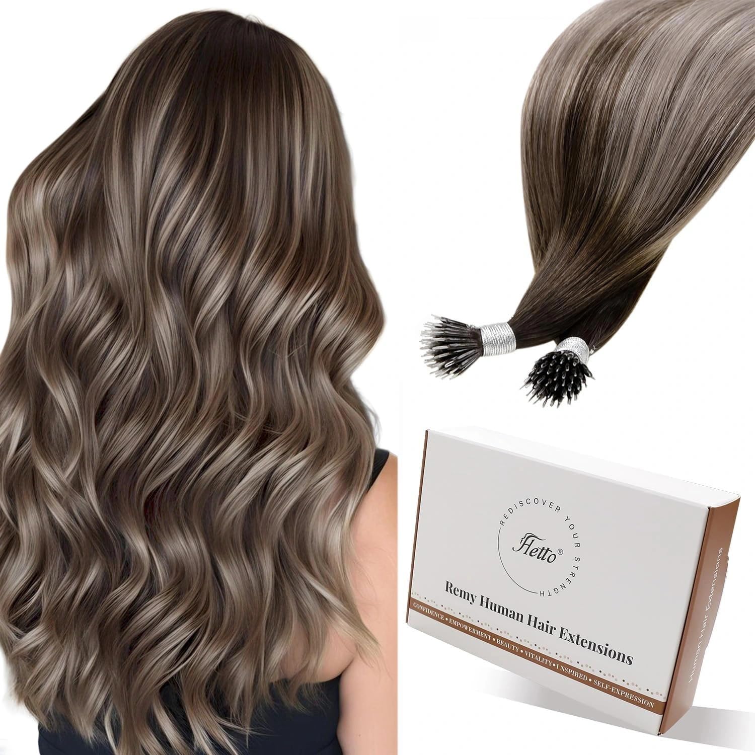 Hetto Nano Hair Extensions Real Human Hair Ash Brown Balayage 16 Inch - Cold Fusion Pre Bonded Nano Beads Hair Extension, Tiny Attachment Nano Rings Long-Lasting 50 g 50 strands #4/18/4 — image 1