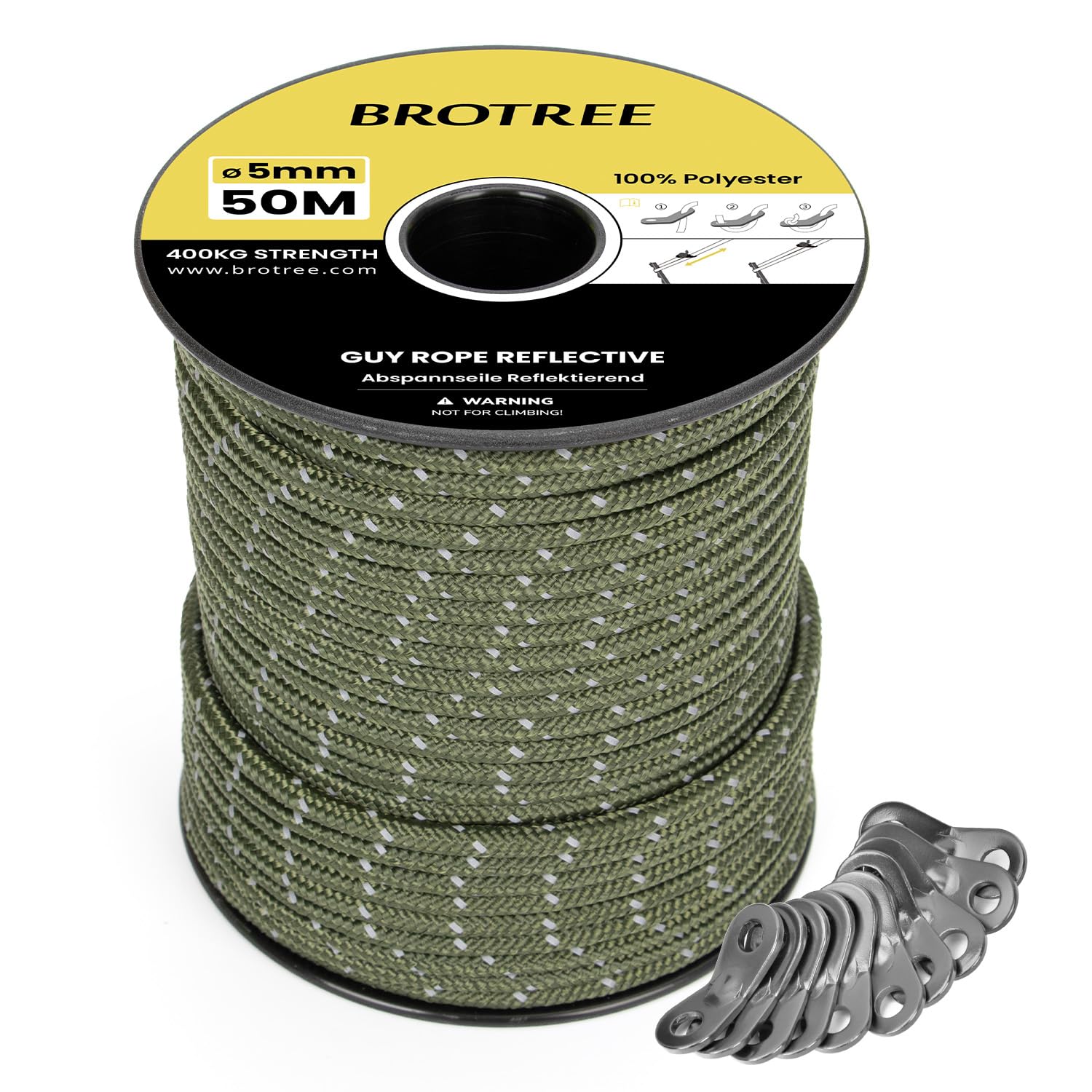 BROTREE Tent Guy Rope 5mm 50m Reflective Guy Line Heavy Duty Guide Rope with 10Pcs Aluminum Tensioners for Tent Gazebo Awning Camping (Army Green)