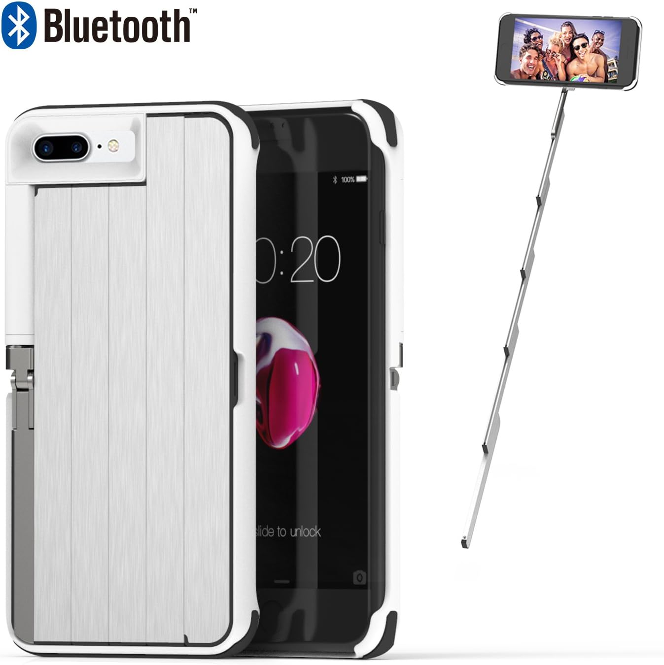ETROBOT iPhone 8 Plus Case White iPhone 7 Plus Case with Selfie Stick Bluetooth Shockproof Outdoor Aluminium Phone Stand Rechargeable Extendable Wireless Selfie Stick Case for iPhone 7 Plus/8 Plus