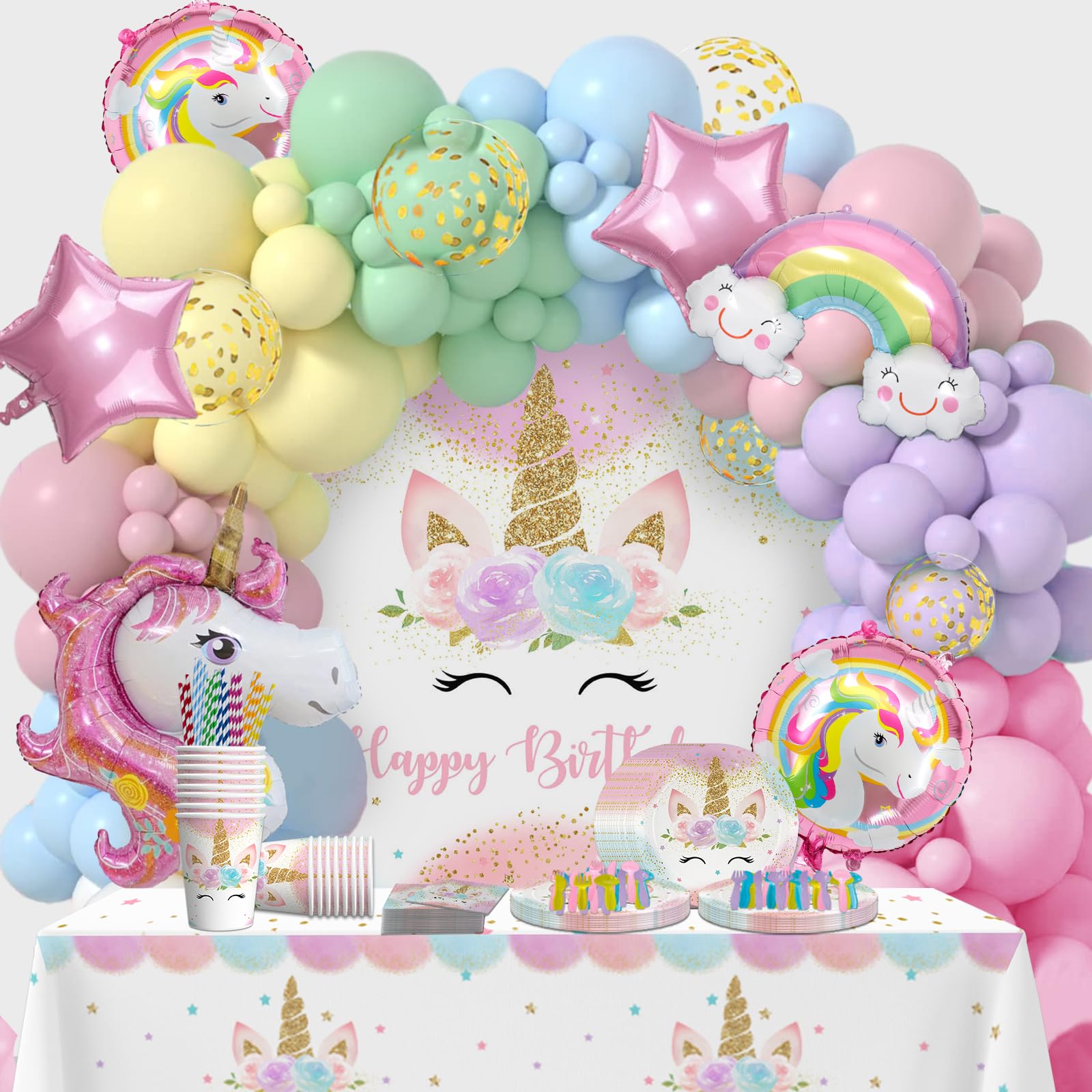 Unicorn Birthday Party Decorations For Girls Unicorn Birthday Party Supplies Dinner plates, napkins , forks, straws, paper cups, balloons, tablecloths. For up to 16 people. (222, Unicorn Party Decor)