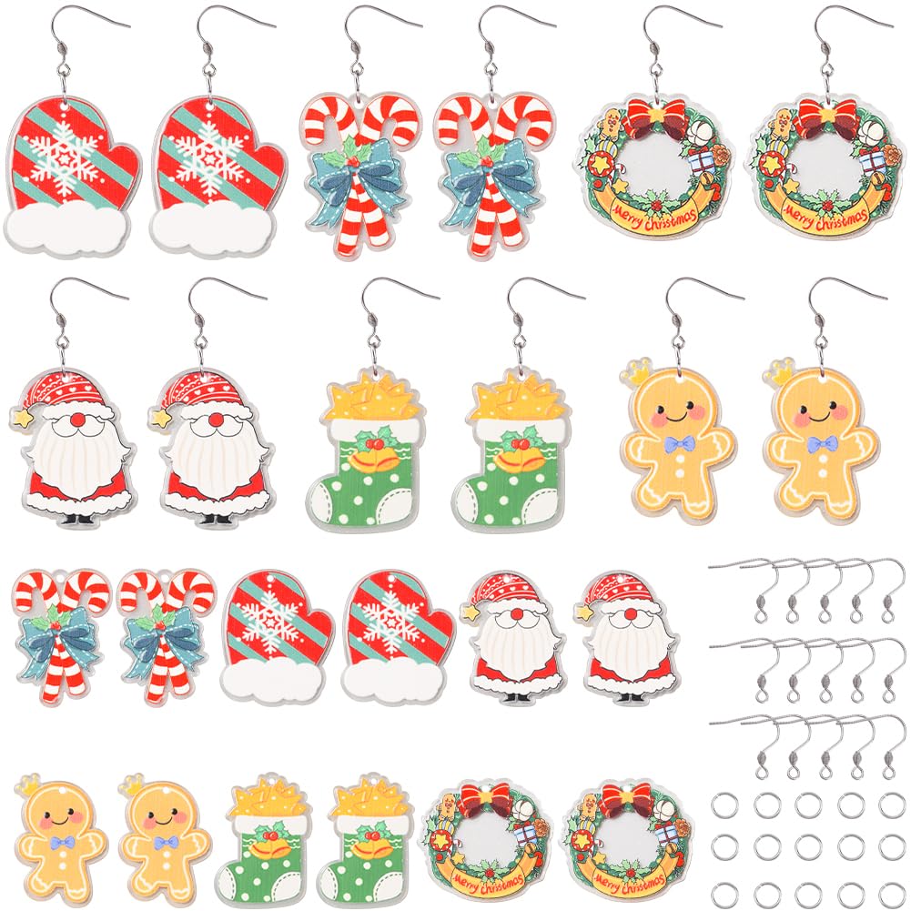 SUNNYCLUE 1 Box 12 Pairs Christmas Earring Kit Xmas Charms Christmas Wreath Candy Charms Socks Gingerbread Man Santa Claus Charms for Jewellery Making Kits Adult Women DIY Dangle Earrings Supplies