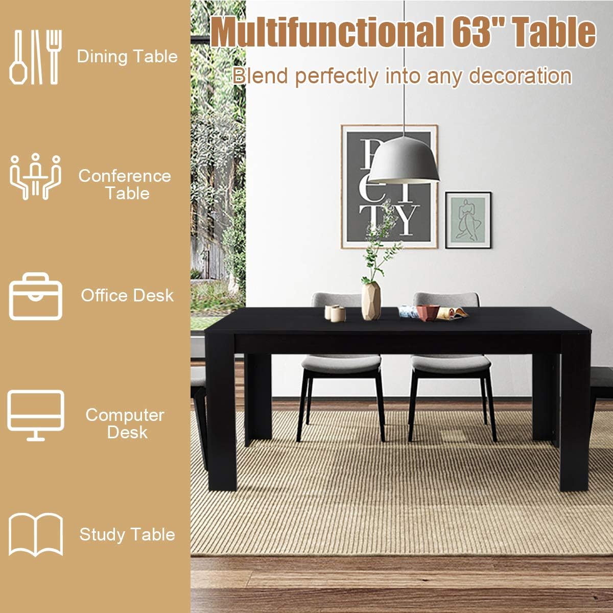 Giantex Wood Dining Table Rectangular Kitchen Table Modern Home Furniture 63" Lx31.5 Wx30 H (Black) - Tables