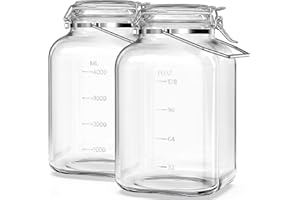 Folinstall 2 Pack 1.5 Gallon Glass Jar with Airtight Lid, 192 oz Square Wide Mouth Mason Jars with Stainless Steel Handle, La
