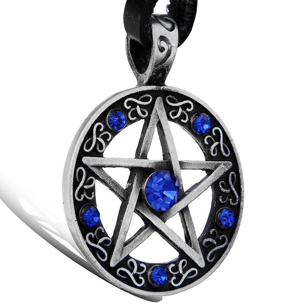 Oidea Unisex Personalized Pentacle Pendant Adjustable Leather Chain Necklace with Blue Rhinestone, Gift Bag Included