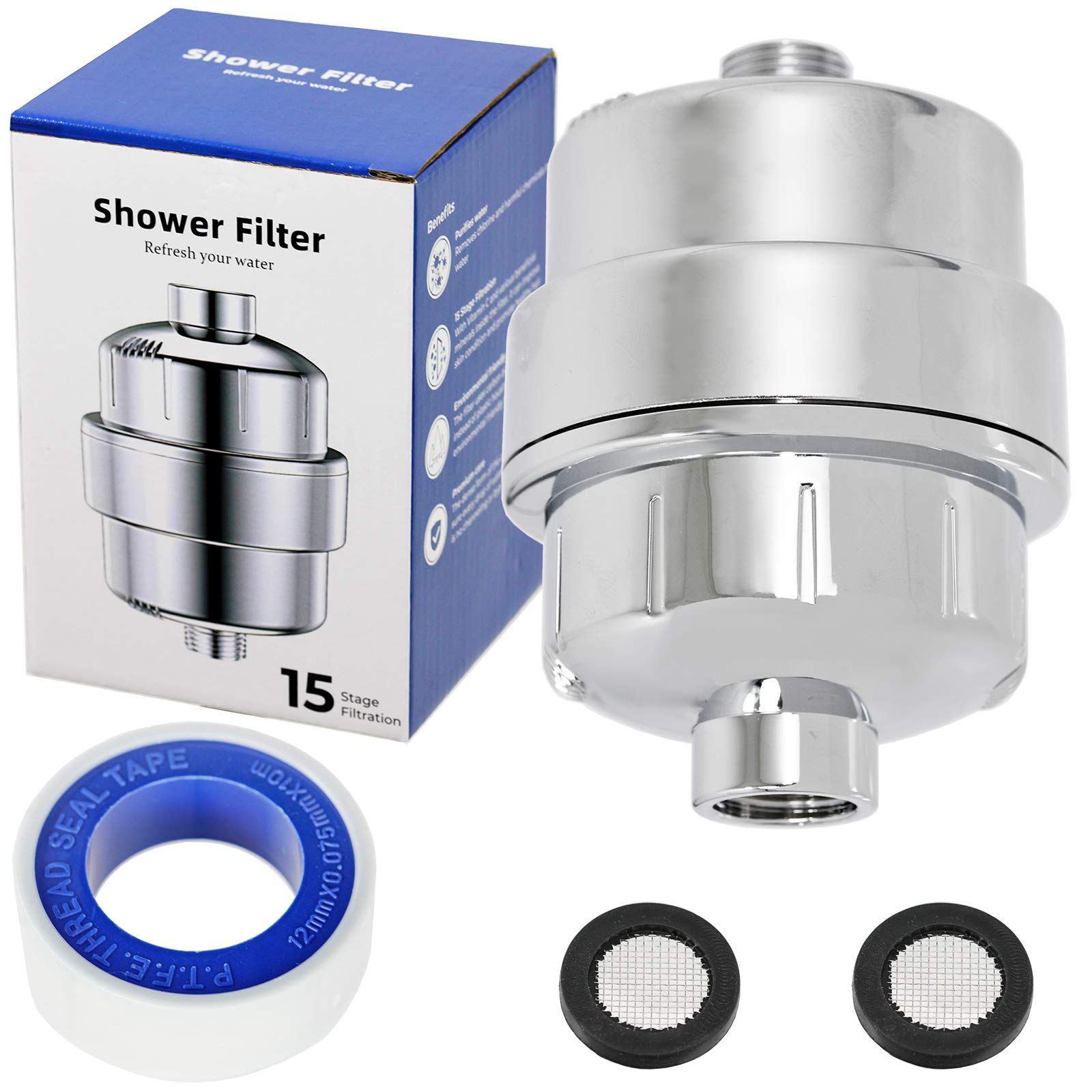 SPARES2GO Inline Shower Head Filter for Hard Water Limescale Softener Vitamin C Purifier 15 Stage Replaceable Cartridge (Chrome)
