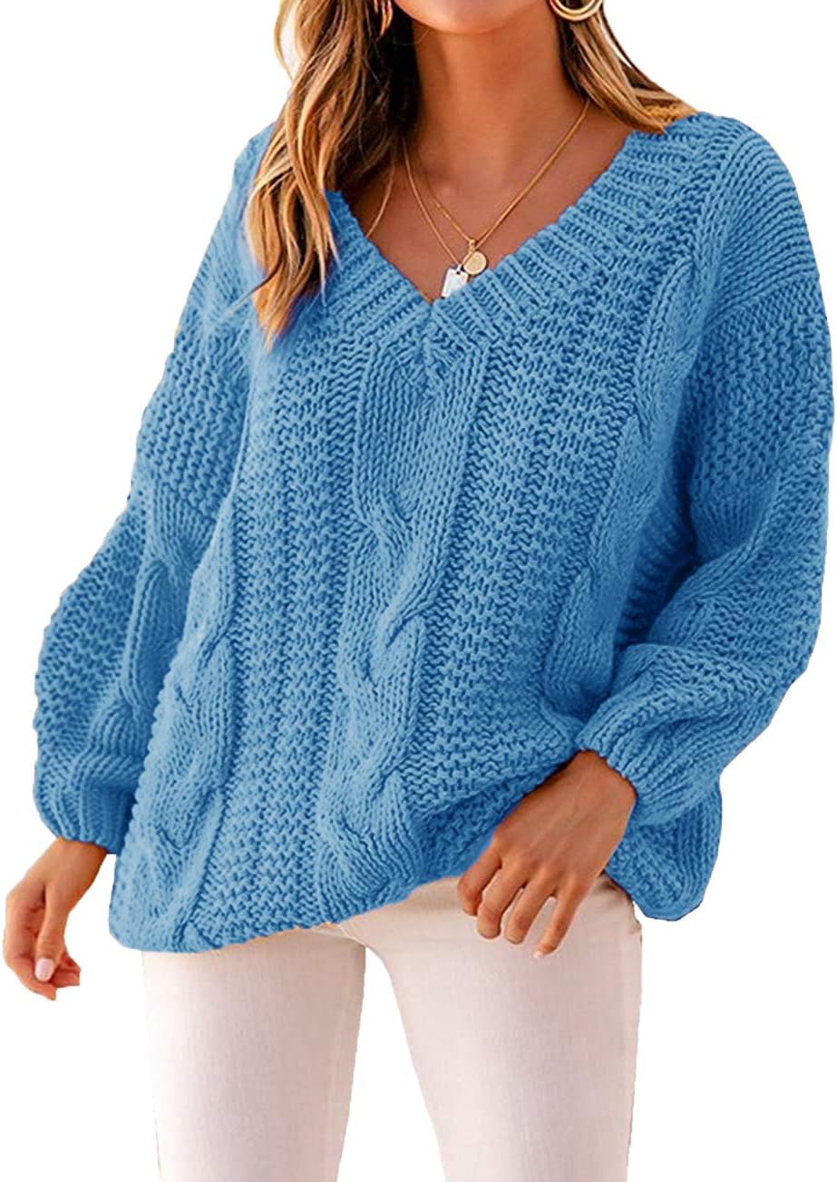 Womens Cable Knit V Neck Sweater Casual Batwing Sleeve Loose Pullover Knit Jumper Tops