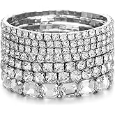 Winssigma 7 PCS Crystal Stretch Bracelets for Women, Bridal Wedding Stackable Layered Rhinestone Bracelets Set Evening Party Jewelry