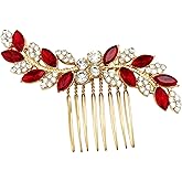 PRETTYLIFE Bridal Crystal Hair Comb Small Wedding Alloy Rhinestone Party Prom Hair Piece Accessories Elegant for Women Girls (Red + Gold)
