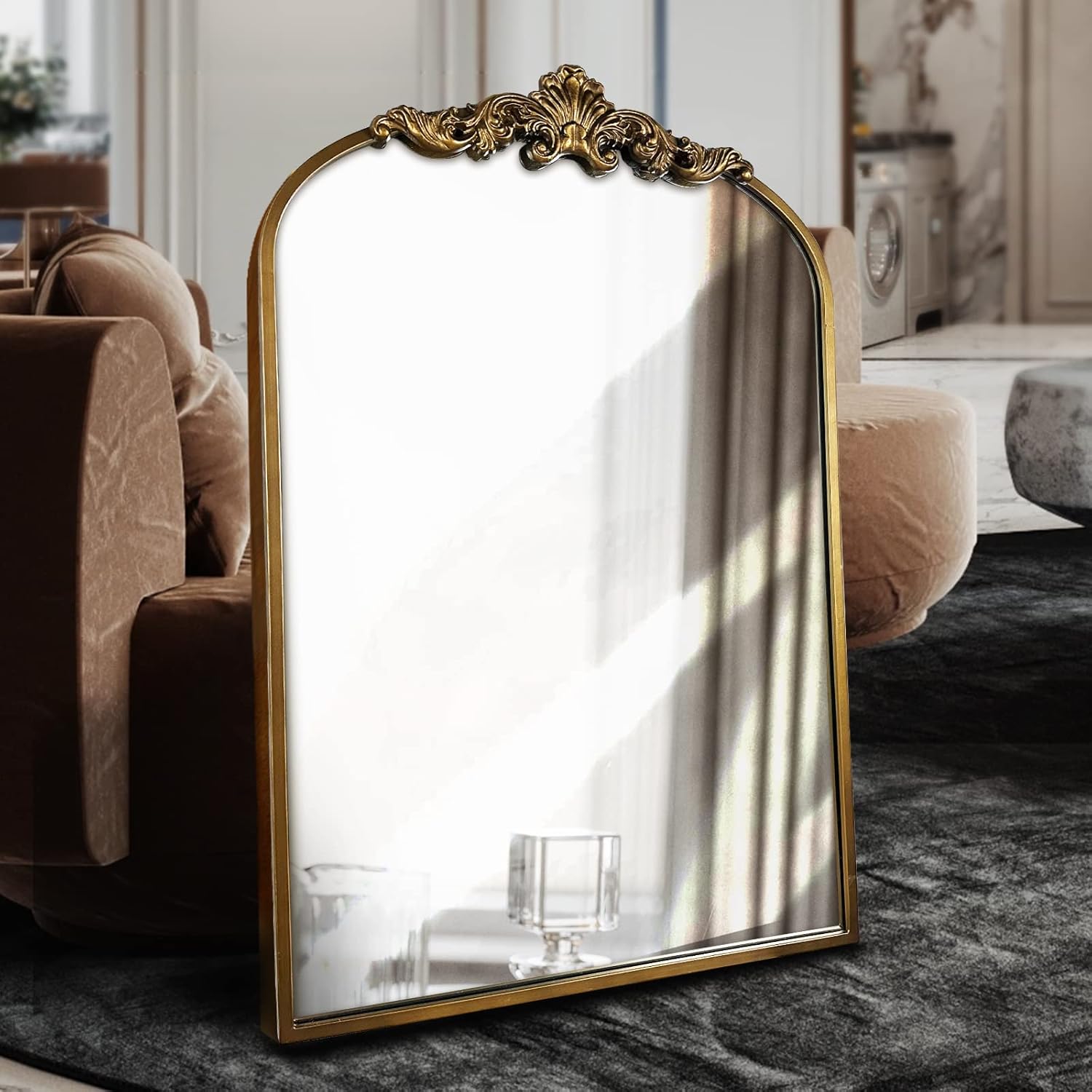 Mirrors - WAMIRRO Arched Mirror,Gold Traditional Vintage Ornate Baroque Mirror,Antique Brass Mirror for Entryway/Fireplace/Living Room/Hallway/Bathroom.36“X24“ Gold