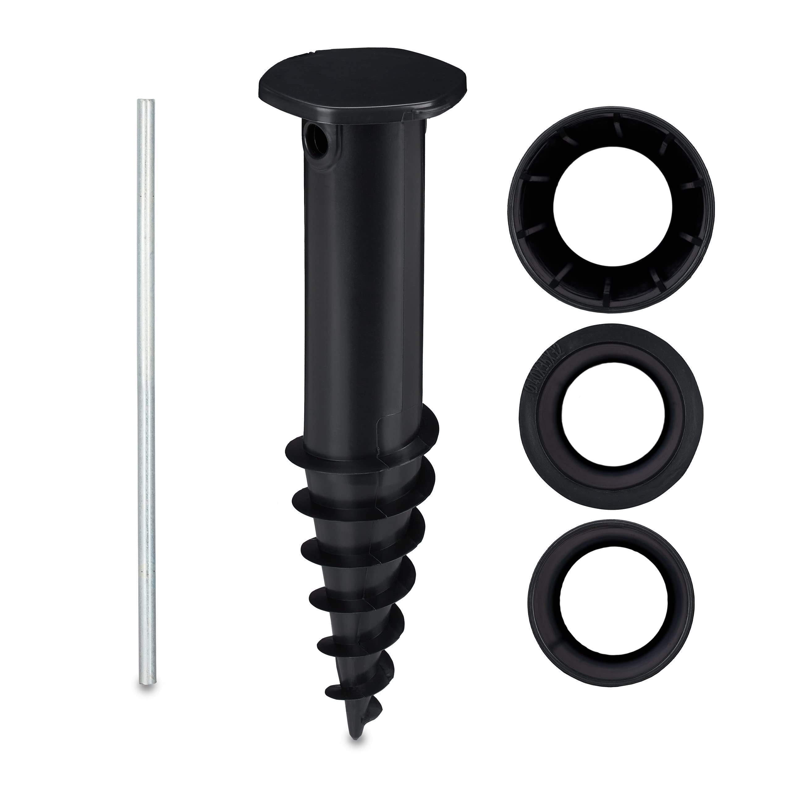 Relaxdays Parasol Anchor, Ground Spike, Screw in, Adapter, 32-50 mm, Plastic, Sunshade, Umbrella, Holder, Secure, Black