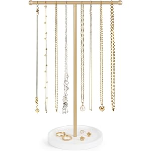 Mkono Necklace Holder Organizer, T-Bar Gold Jewelry Display Stand Wood Base | Bracelets & Earrings Storage Tower, Countertop