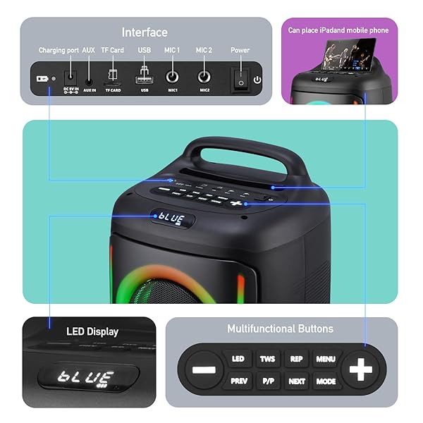 WMQ KARAOKE MACHINE WITH 2 WIRELESS MICROPHONES FOR ADULTS,PORTABLE KARAOKE SPEAKER WITH 2 X 6.5” SUBWOOFERS AND PULSED LIGHTS,BACKPACK AND CARRY-ON DESIGN FOR FAMILY GATHERINGS AND OUTDOOR ACTIVITIES