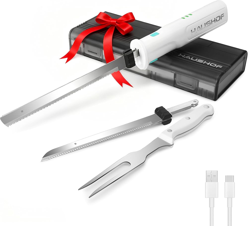 HAUSHOF Cordless Electric Carving Knife Set 8V 2 Blades Fork White