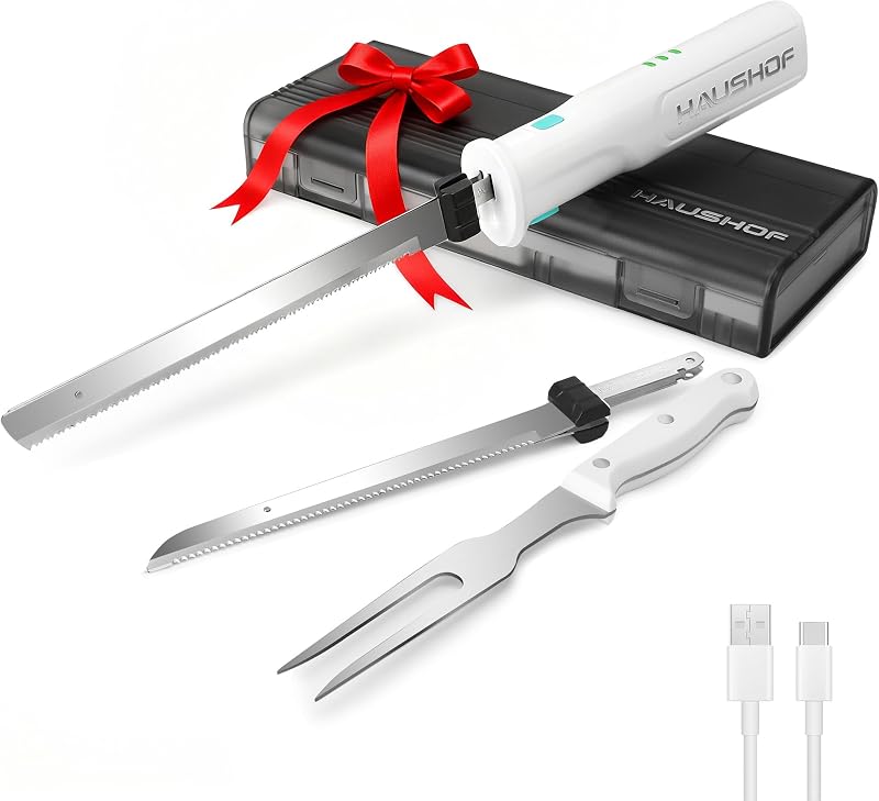HAUSHOF Cordless Electric Carving Knife Set 8V 2 Blades Fork White
