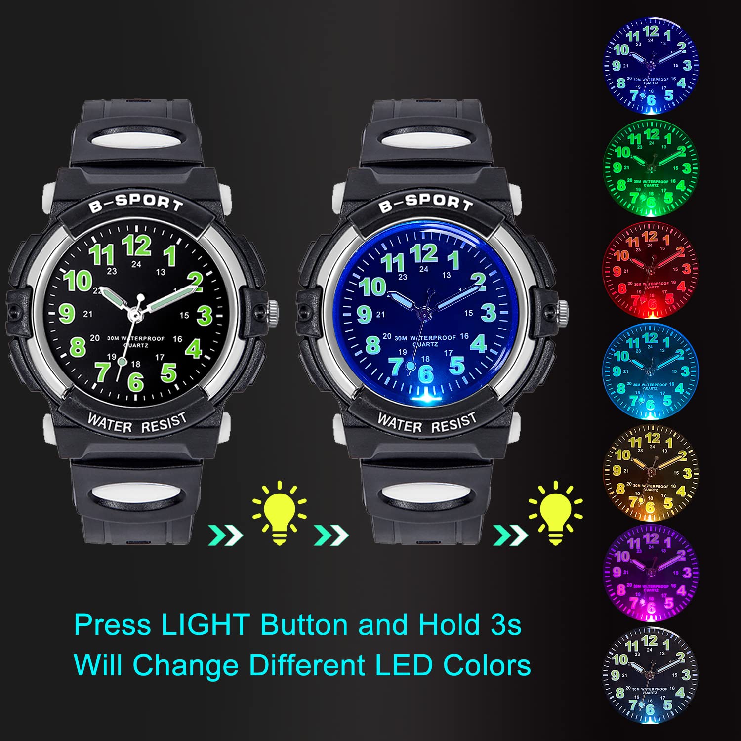 DTKID 7 Colorful Lights Children's Watch Boys Girls, Kids 30 M Waterproof Analog Watches Soft Rubber Band, Easy to Read Dial Time Lessons Wristwatch Children 5-18 Years Old