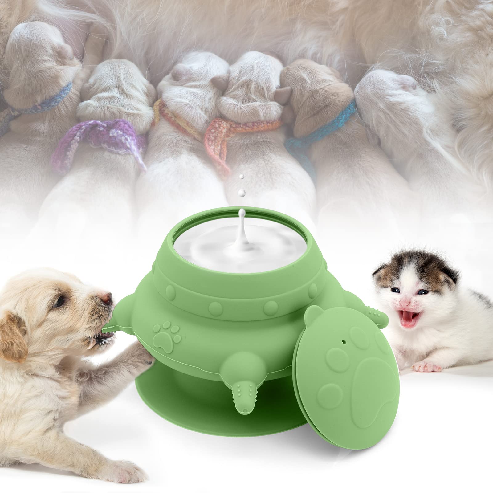 MoYouno Newborn Pet Feeder,4 Teats Puppy Bottles for Nursing Puppy Milk Feeder, Nursing Silicone Milk Bowl 150 ML,for Kitten Squirrels and Other Newborn Pets (green)