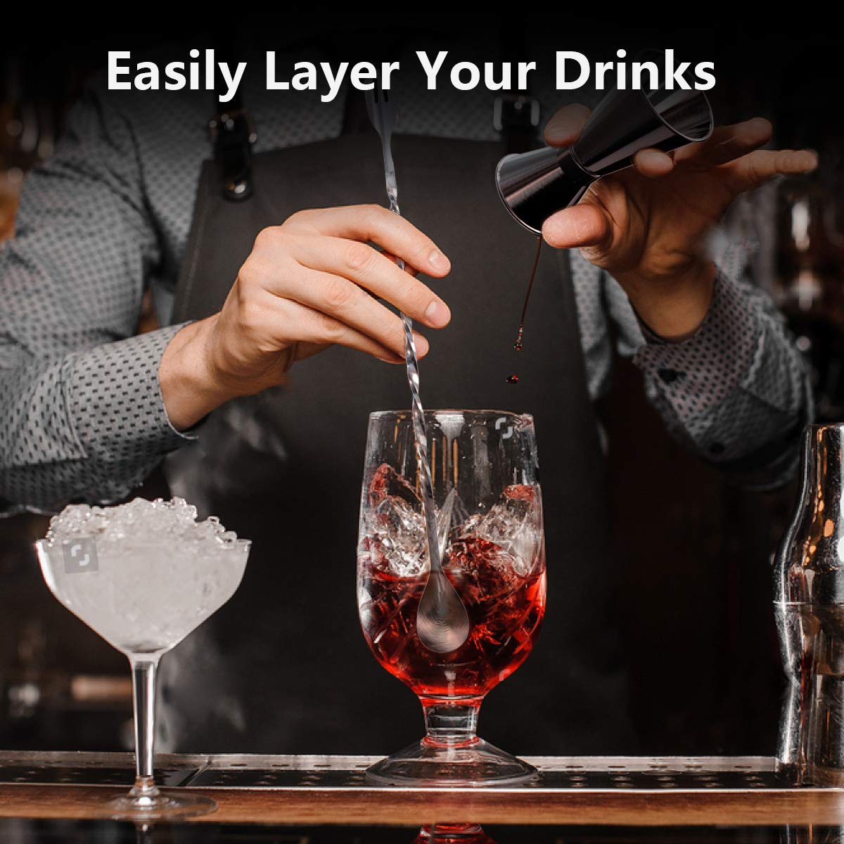 FLOUREON Cocktail Making Set Cocktail Shaker Bartender Kit,6-Piece Cocktail Shaker,Stainless Steel 6-Pieces Dishwasher Safe with x2 Bottle Pourers 20ML/40ML Double Jigger Ice Crusher 26.4CM Bartender Spoon