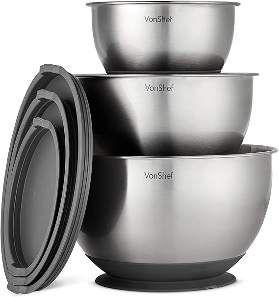 VonShef Stainless Steel Mixing Bowls with Lids 3 Piece Nesting Mixing