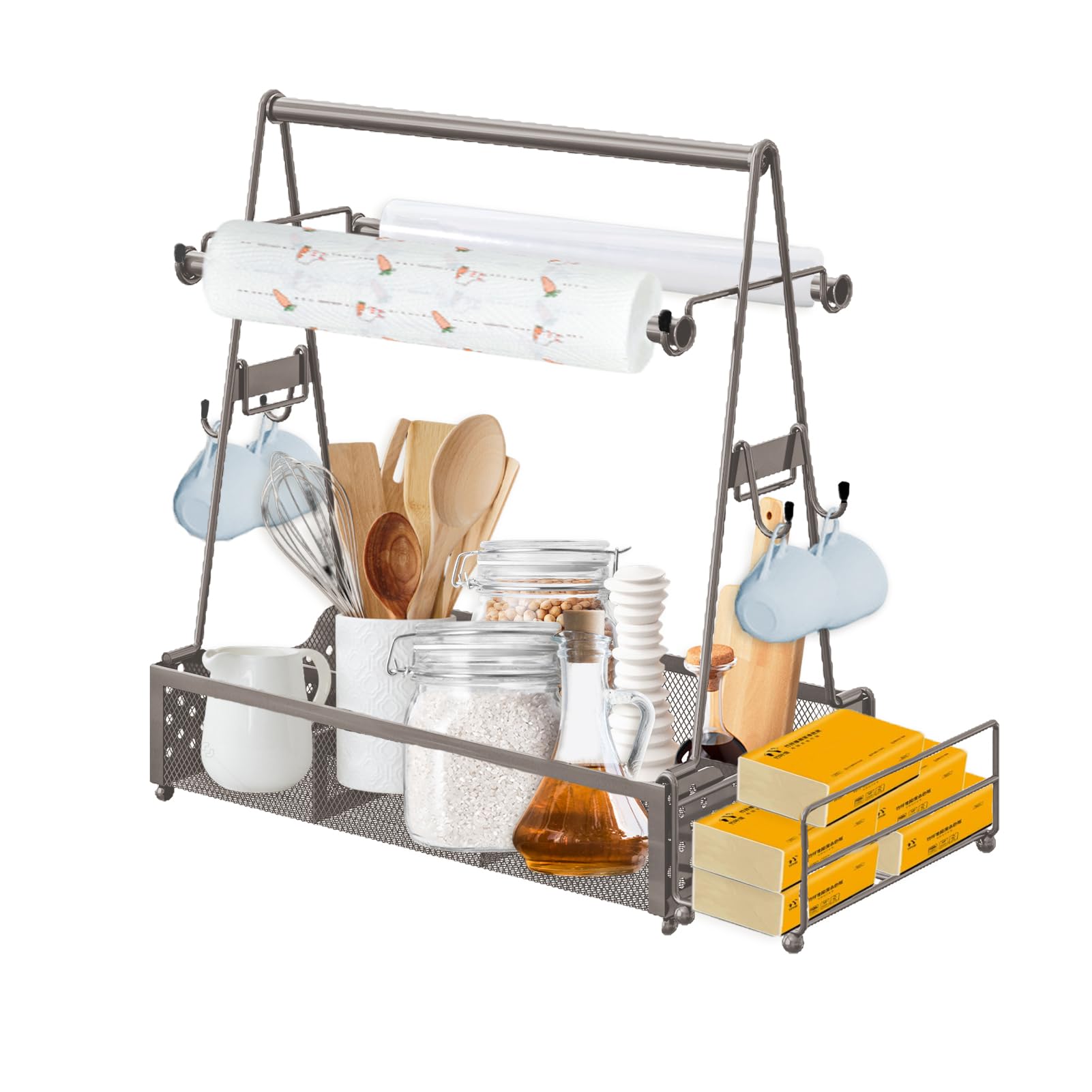 Picnic Grill Caddy, Picnic Condiment Storage Caddy with Paper Towel Holder, Outdoor Kitchen Barbecue Accessories, BBQ Camping Caddy for Plate and Utensil (Silver)