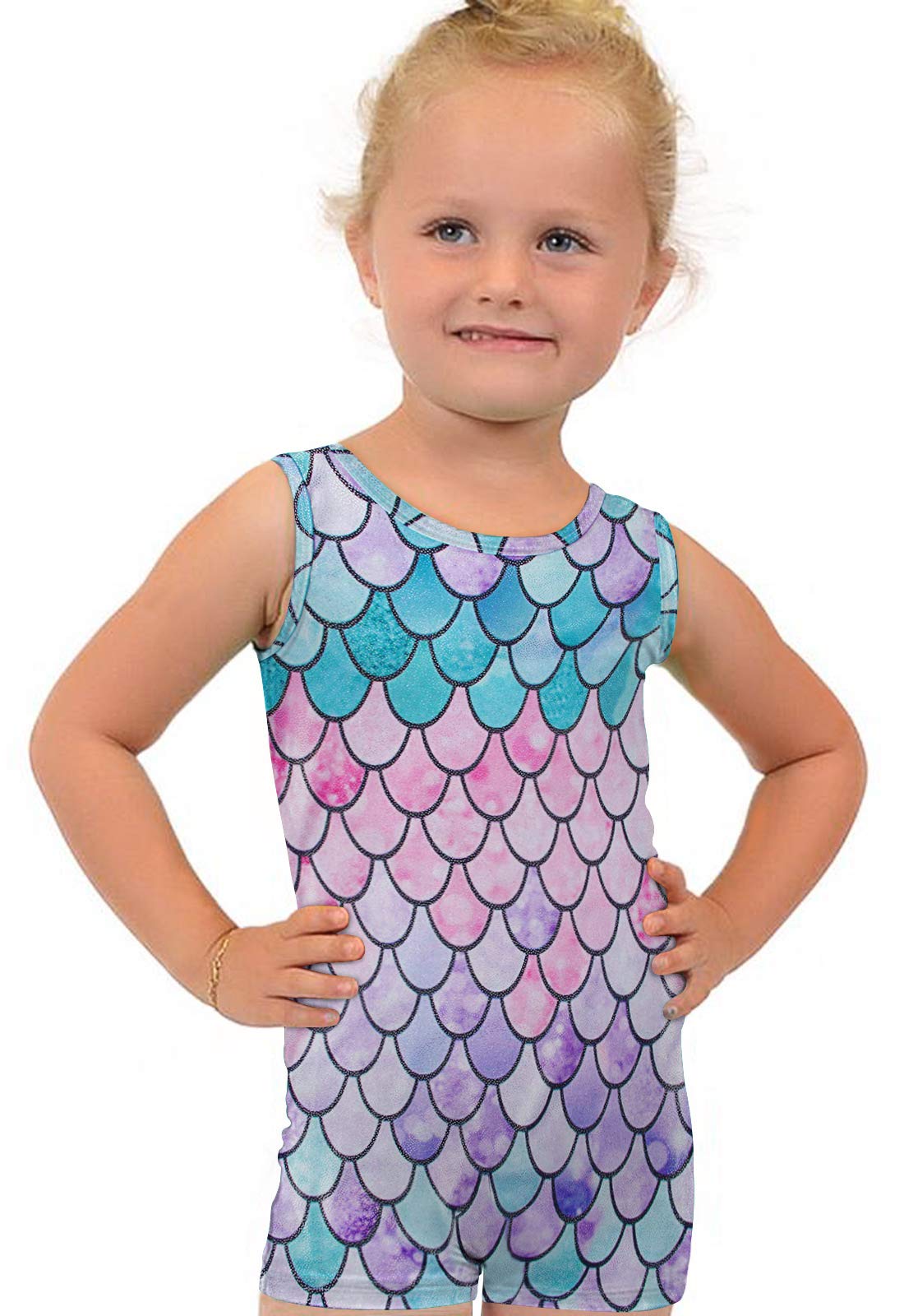Toddler Girls Sparkly Leotards Green Pink Purple Mermaid Fish Scale 3t 4t Sleeveless Dancewear Clothes with Shorts Style Gymnastics Unitard Biketard for Kindergarten School