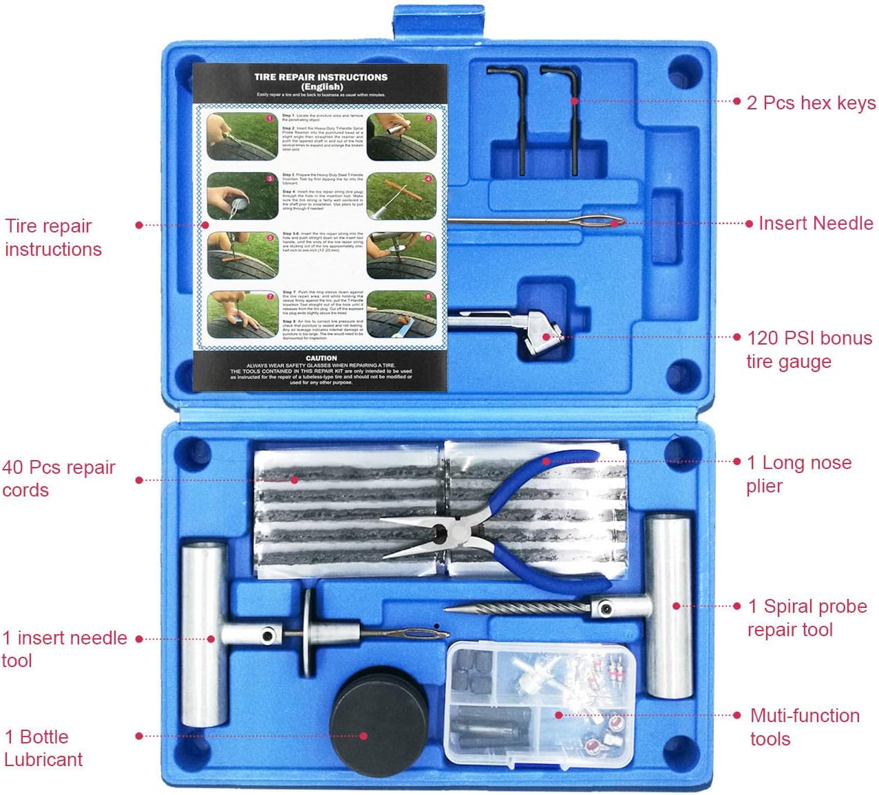 MAIKEHIGH Tire Repair Kit, 68 Pcs Tire Plug Kit Heavy Duty Professional Tubeless Flat Puncture Repair Tool for Car, Offroad, ATV, Truck, Tractor, SUV: Automotive