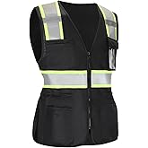 MZCYHCSD Women's Safety Vest, Black Hi Vis Safety Vest for Women, Working Drawstring Waist with pocket and Zipper, ANSI Type R Class2, L