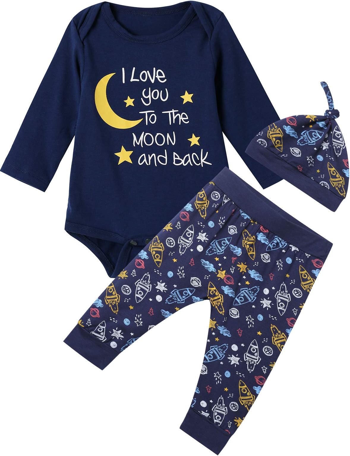Baby Boys 3PCS Outfit Set Space Ship to The Moon and Back Romper Long Pants with Hat