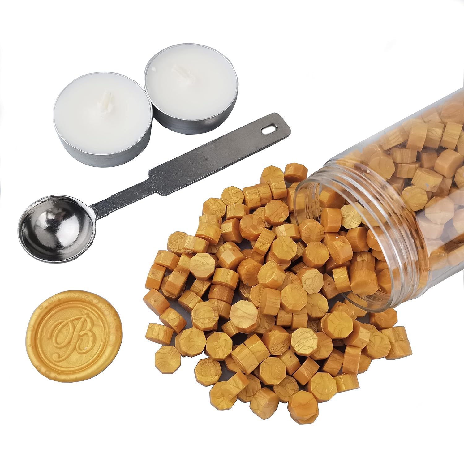 Sealing Wax Beads, AMTOL 300 Pcs Wax Sealing Beads with 2 Pcs White Candles and 1 Pcs Wax Melting Spoon, Great for Wedding Invitations,Cards Envelopes, Gift Wrapping(Gold)