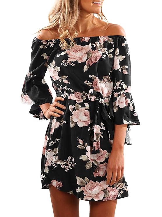 YOINS Sommerkleid Damen Kurz Schulterfrei Lange Ärmel Sexy Blumenmuster Strandkleid