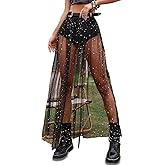 Rave Outfits for Women 2 in 1 Sheer Skirt Festival Clubwear Mesh High Waist Print A Line Maxi Skirt