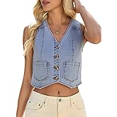 Yousify Women's Summer Tops Denim Vest Sleeveless V Neck Button Down Jean Y2k Crop Jacket With Pocket
