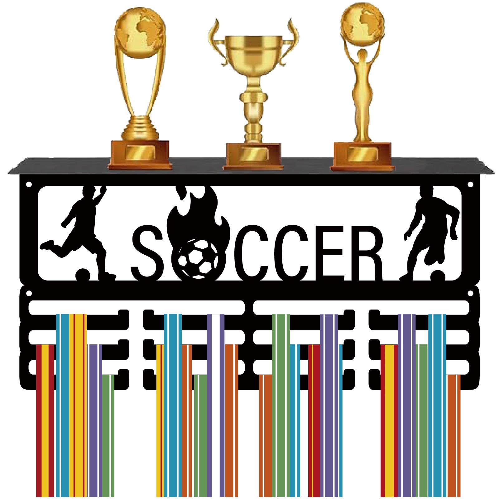 CREATCABIN Soccer Medal Hanger with Trophy Shelf Upgraded Sports Football Medal Holder Display Shelf Ribbon Wall Hangers Metal Wall Mount Frame Shelf for Hanging over 70 Medals Medalist 15.7 x 7.9Inch
