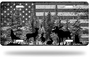 OMW2FYB American Flag Deer Wolf Animal Silhouette License Plate Funny License Plate Personalized Car Decoration Stainless Steel Car Front License Plate Vanity Tag 4 Holes 6 X 12 Inch for Car SUV Truck