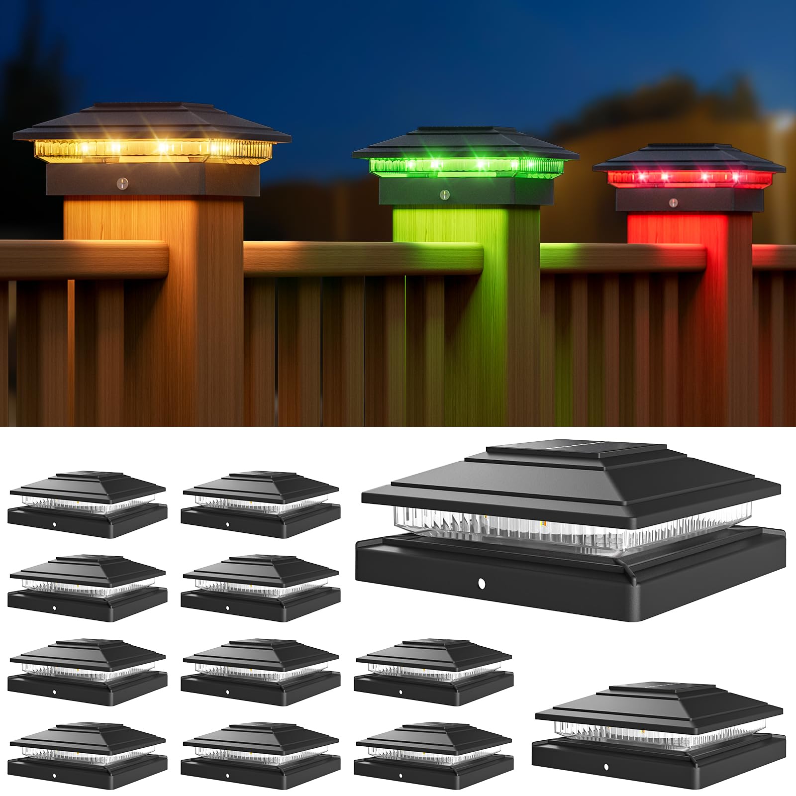 Photo 1 of APONUO Solar Post Cap Lights Color Changing 12 Pack - RGB 8 Solid & Gradient Colors, IP65 Waterproof, for 4x4 5x5 6x6 Wood Vinyl Fences, Deck, Patio, Yard (Black)