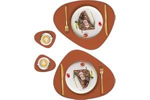 QPIX DIGITAL Faux Leather Placemats and Coasters Set, Round Leather for Dinner Table Mats Heat Resistant Washable Insulation Coffee Mats Kitchen Place Mats Nordic Style (Brown, 2 Placemats+2 Coasters)